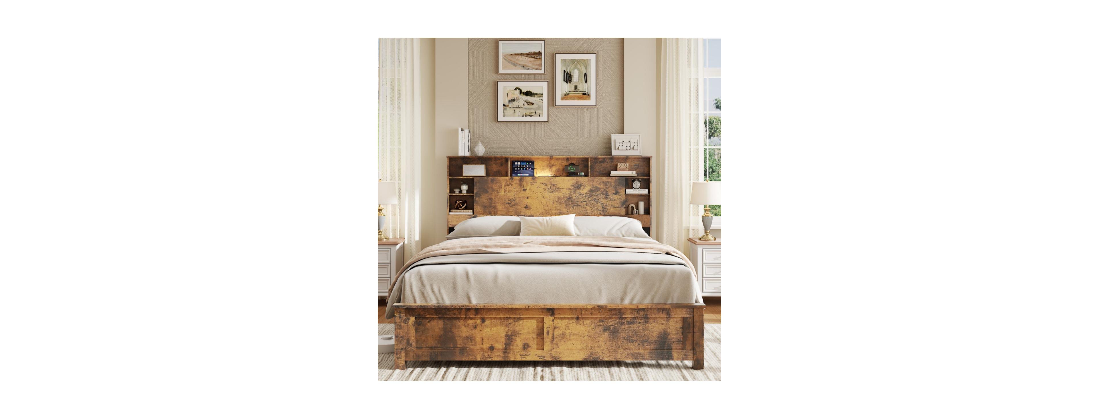 Rainsken Wood Platform Bed Frame with Led Storage Headboard, Usb Charging Station, Bookcase
