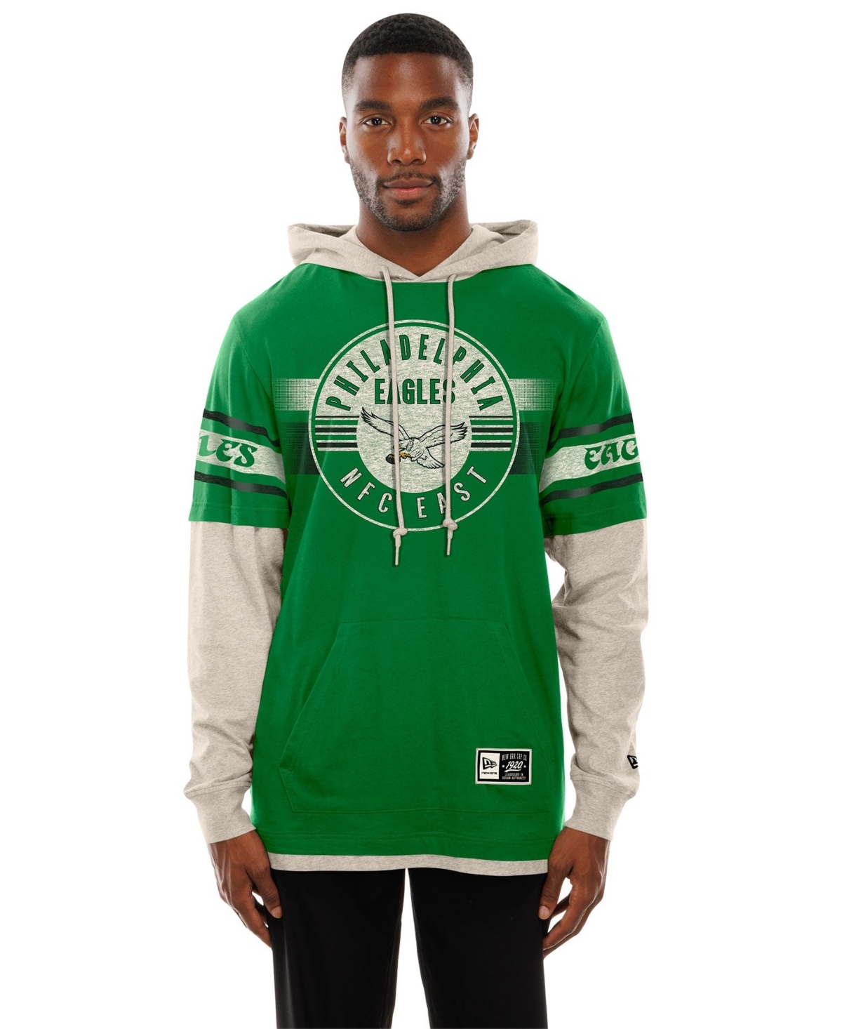 Men's New Era  Kelly Green Philadelphia Eagles Twofer Layered Long Sleeve Hooded T-Shirt
