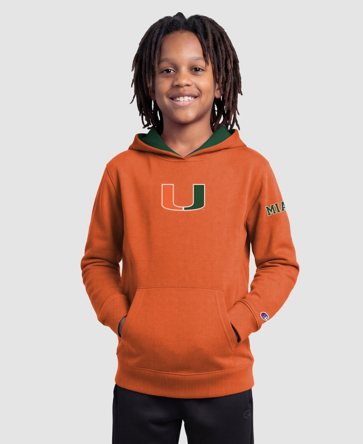 Champion Boys' and Girls' Miami Hurricanes Front Pouch Pocket Cotton-Blend Hooded Sweatshirt