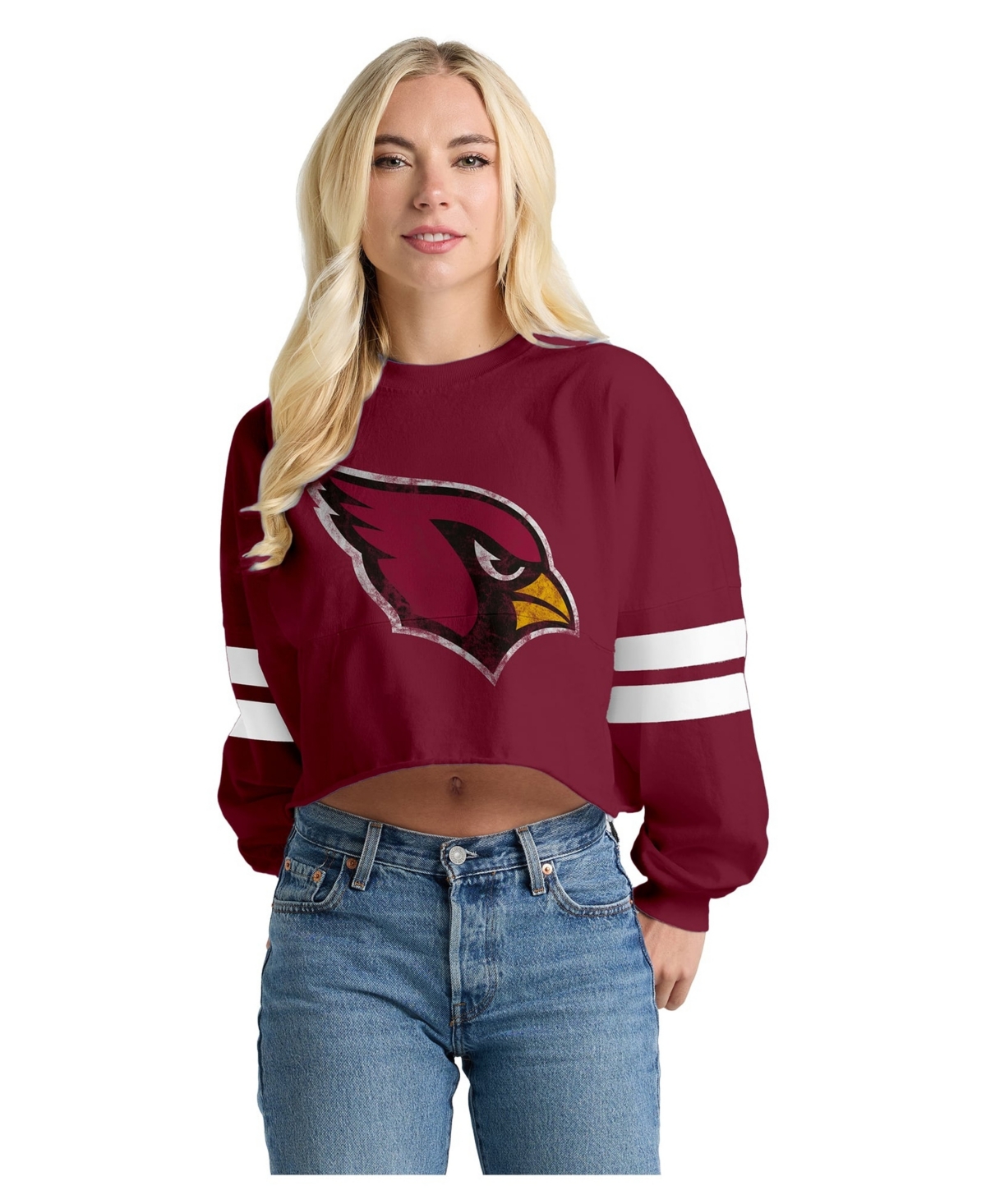 Spirit Jersey Women's Arizona Cardinals Oversized Cropped Stripe Long Sleeve T-Shirt