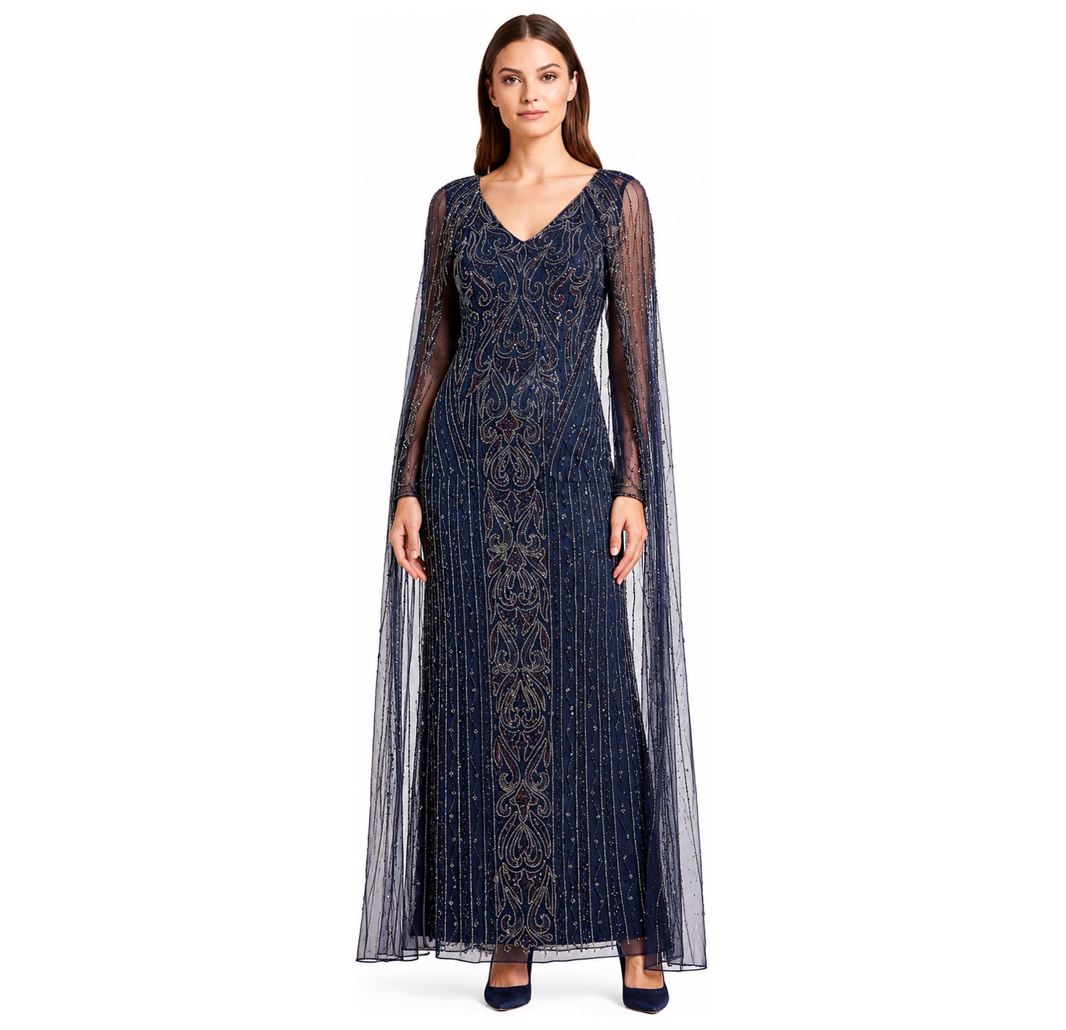 Women's V-Neck Beaded Long Cape Gown
