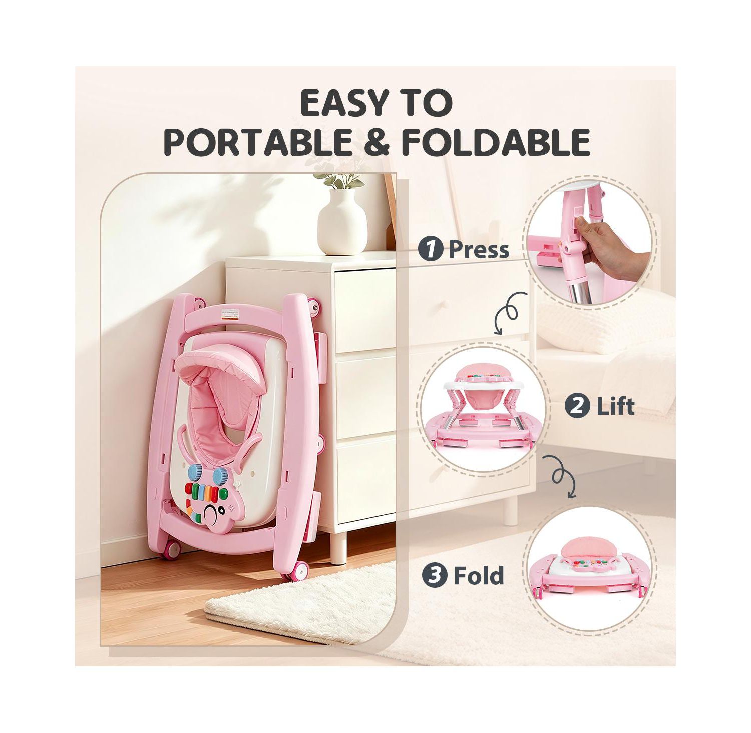 5-in-1 baby walker with adjustable height, activity panel and foldable design