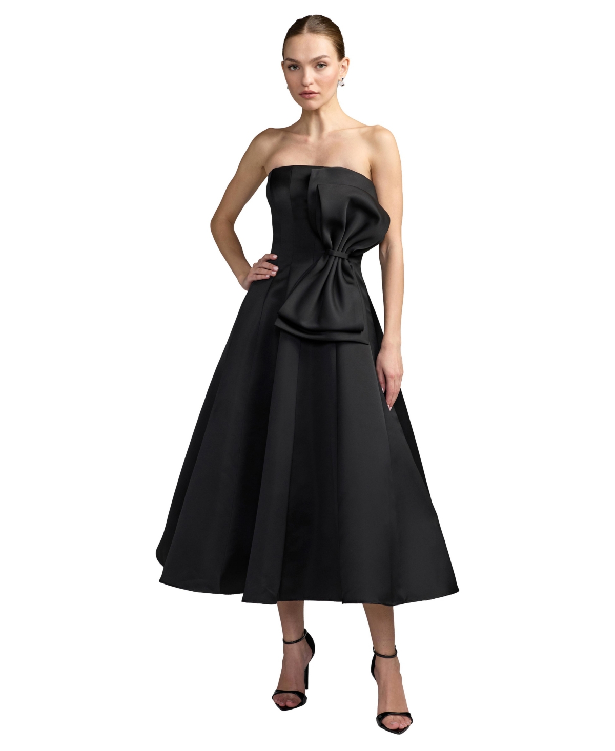 Ieena for Mac Duggal - Black Strapless Satin A-Line Midi Dress With Bow - Black / US 12