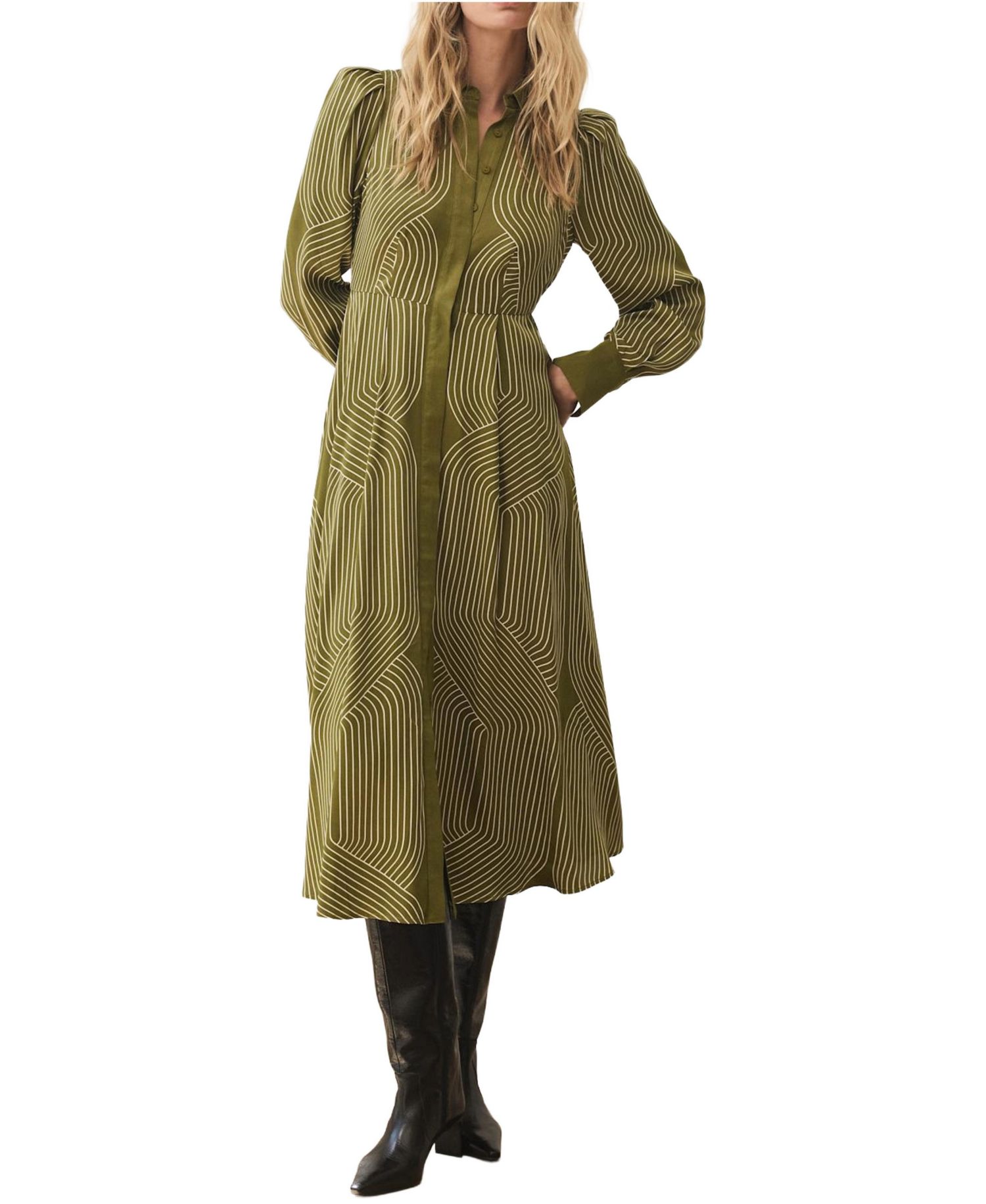 Women's Long-Sleeve Satin A-Line Midi Shirt Dress