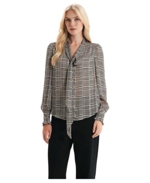 Женская блузка Finery London Mavis Chiffon Long Sleeve Tie Neck, цвет: Бежевая гусиная лапка