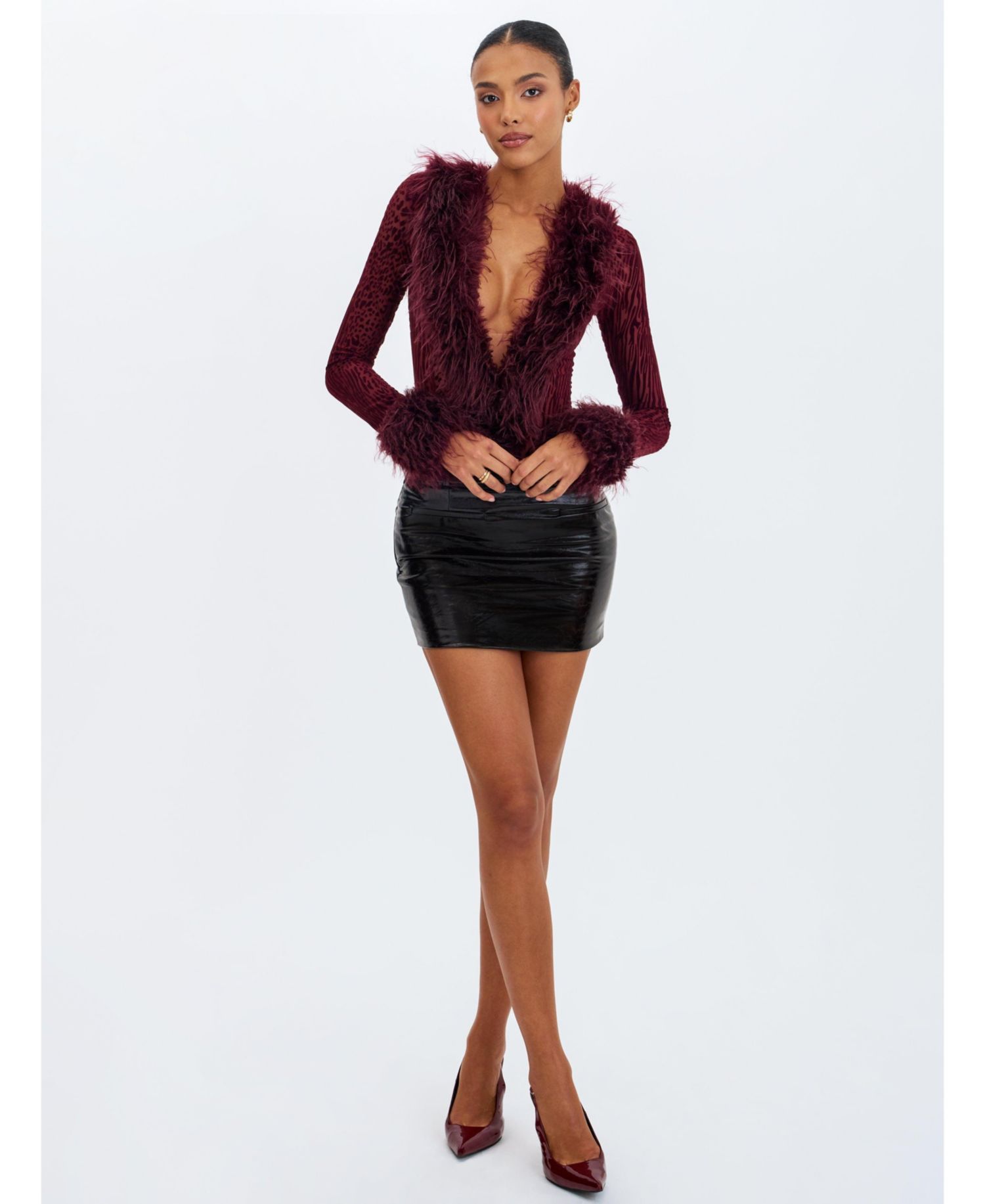 Women Valene Burgundy Burnout Velvet Fur-Trim Bodysuit