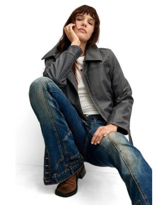 Women's Faux Leather Jacket with Fur Collar