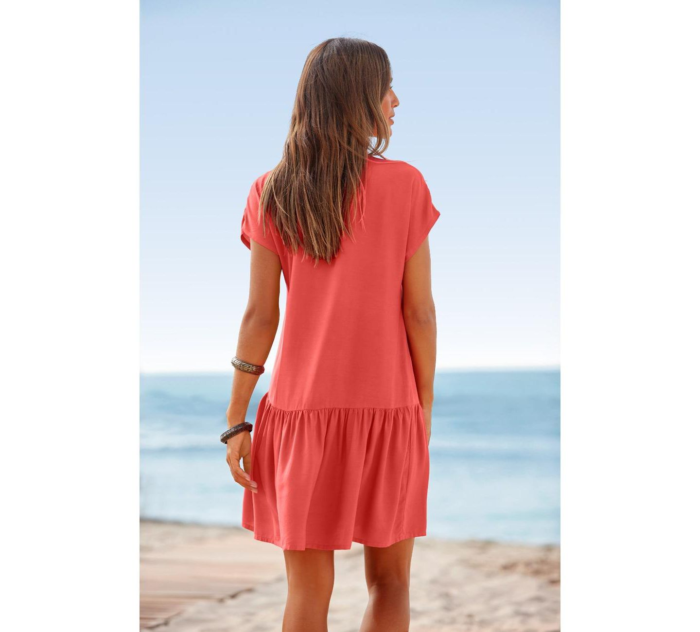 Женское платье Lascana Viscose Printed Flounce Hem Shift Notch-Neck Short, цвет: Коралловый — фото 4