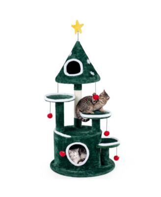 50" Christmas Cat Tree with 2 Condos and Sisal Scratching Post 6 Hanging Bell Balls
