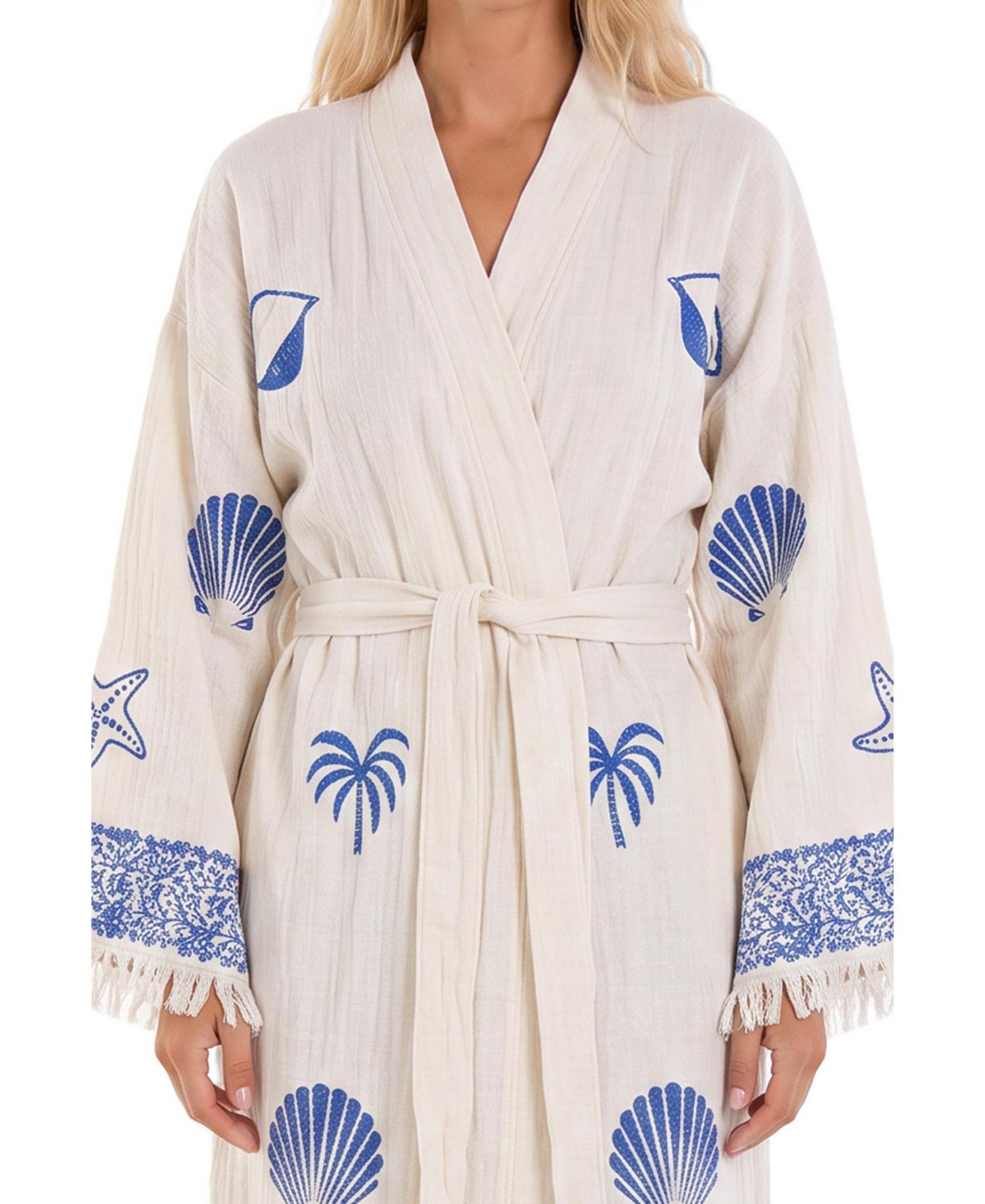 Women's Nerina V-Neck Long-Sleeve Shell-Print Beach Cover-Up Robe