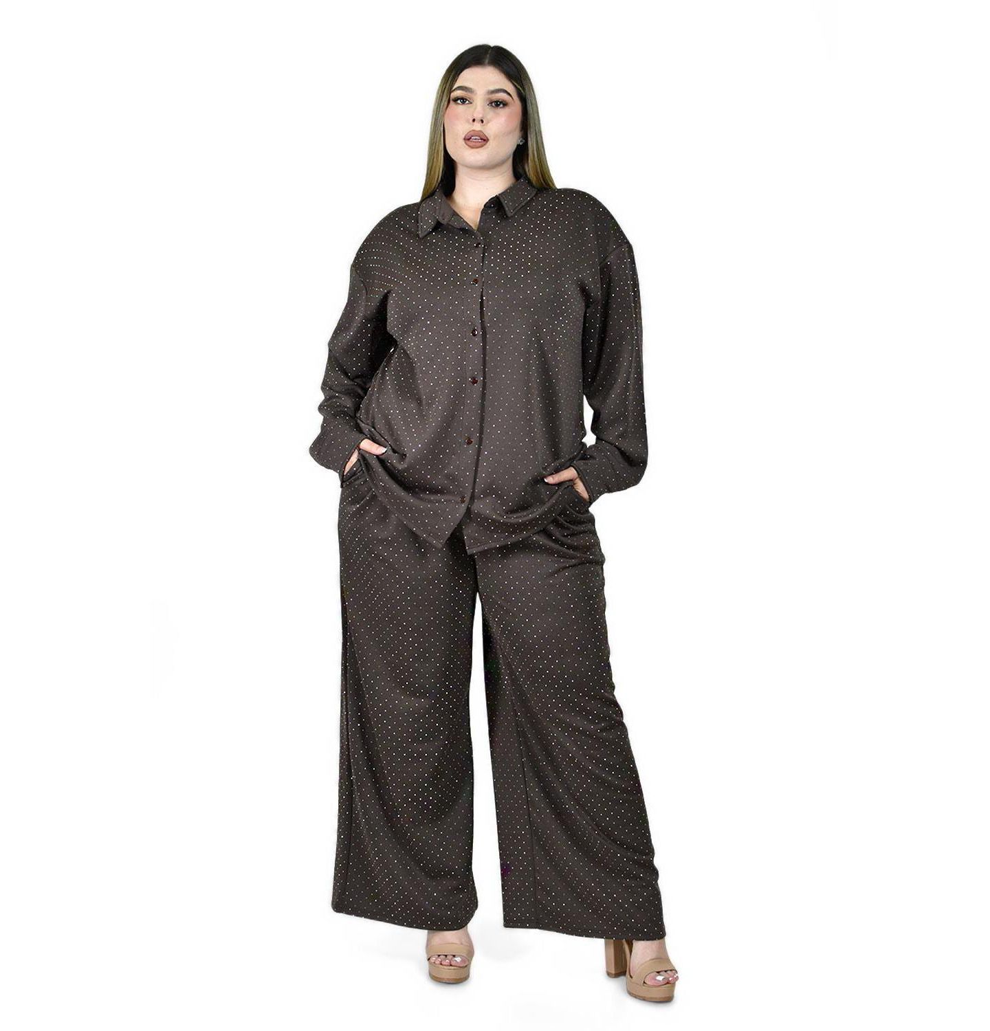 Женский комплект Roman Fashion Plus Size Polka-Dot Glitter Shirt and Pants, 2-Piece Set, цвет: Коричневый — фото 1