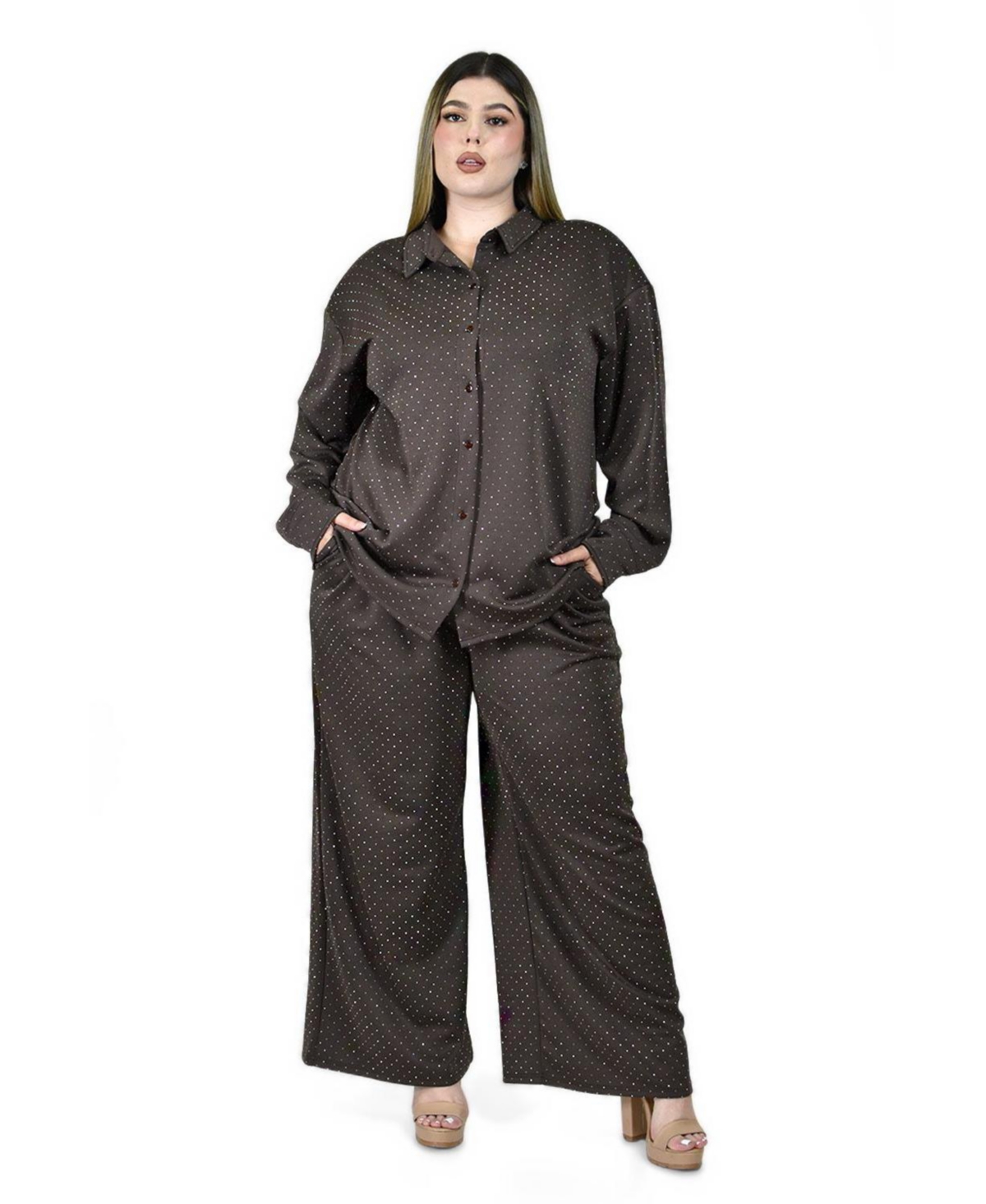 Roman Fashion Plus Size Polka-Dot Glitter Shirt and Pants, 2-Piece Set - Brown