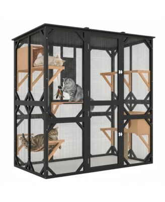 Extra Large Wooden Catio with Waterproof Roof, Napping House, Platform, Hammock and Sisal Post, 68.1 x 69.7 x 36.4 inch