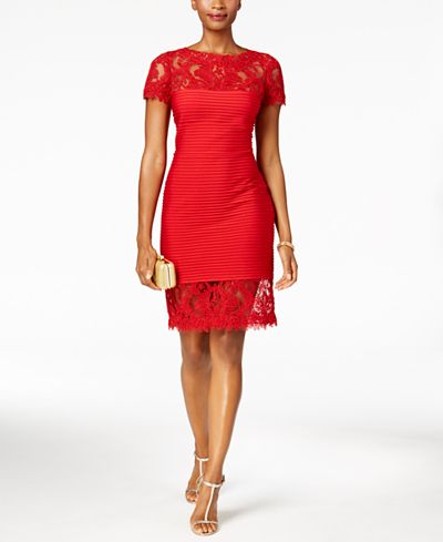 Tadashi Shoji Pintuck Illusion Lace Dress
