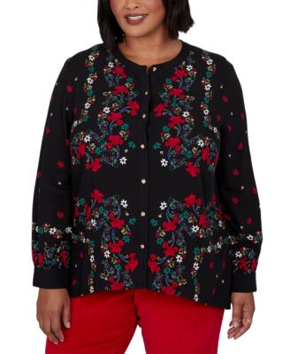 Plus Size Floral-Print Long-Sleeve Button-Front Blouse