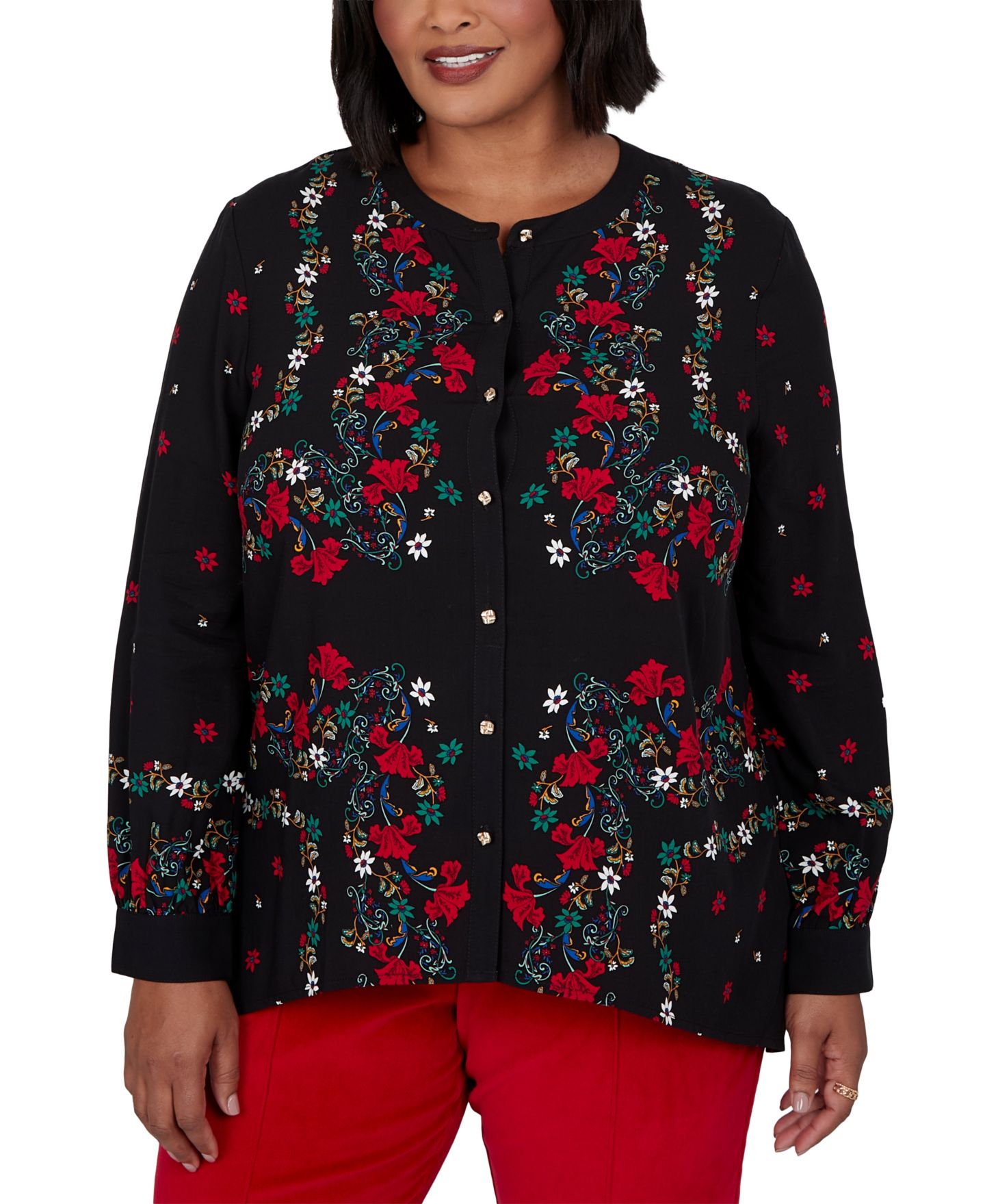 Женская блузка Ruby Rd. Plus Size Floral-Print Long-Sleeve Button-Front, цвет: Чёрный разноцветный — фото 1