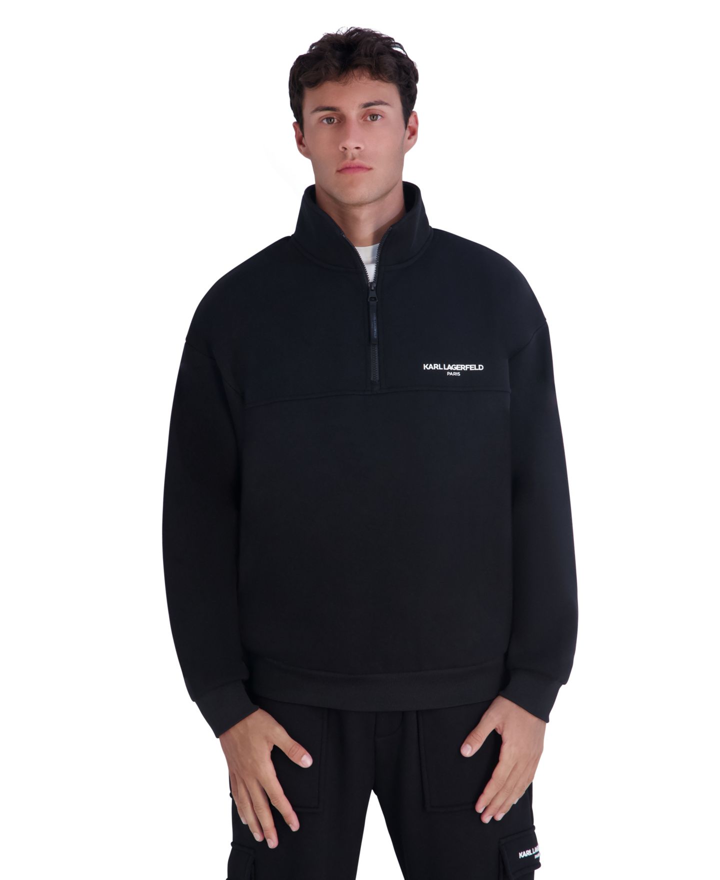 Мужская толстовка KARL LAGERFELD PARIS Quarter-Zip Mock-Neck Fleece, цвет: Чёрный — фото 1