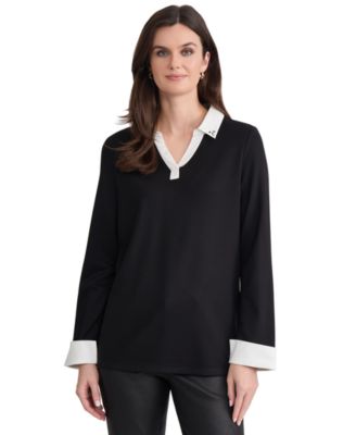 Women's Serenity Long-Sleeve Collared Poplin-Trim Blouse