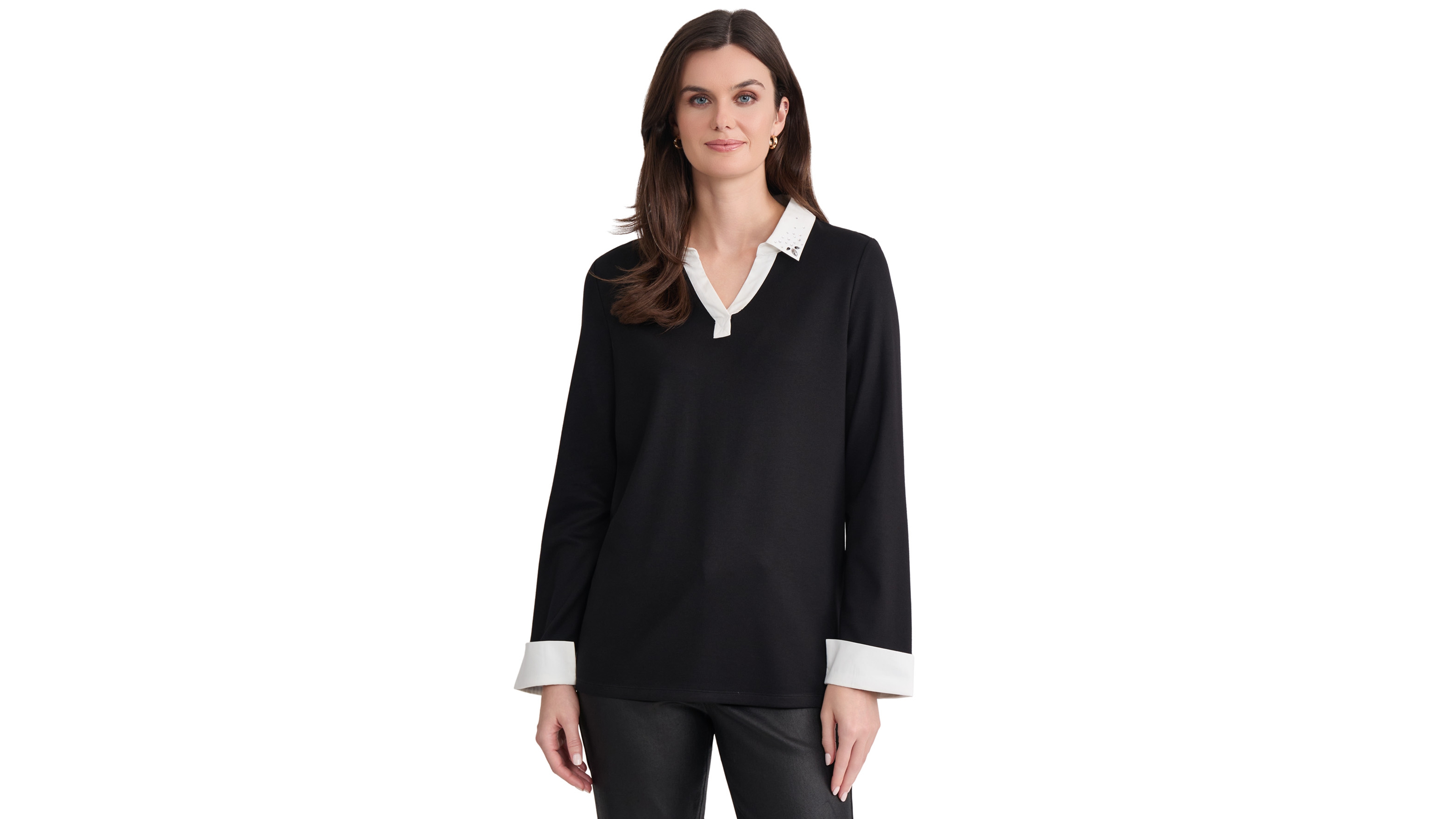 Jones New York Women's Serenity Long-Sleeve Collared Poplin-Trim Blouse
