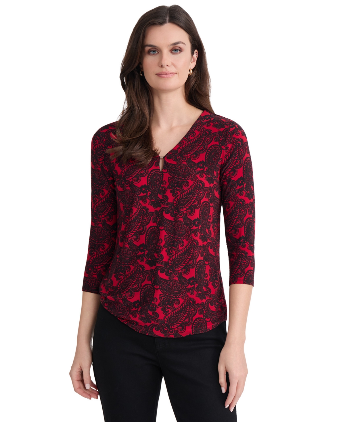 Jones New York Women's V-Neck 3/4-Sleeve Paisley-Print Blouse