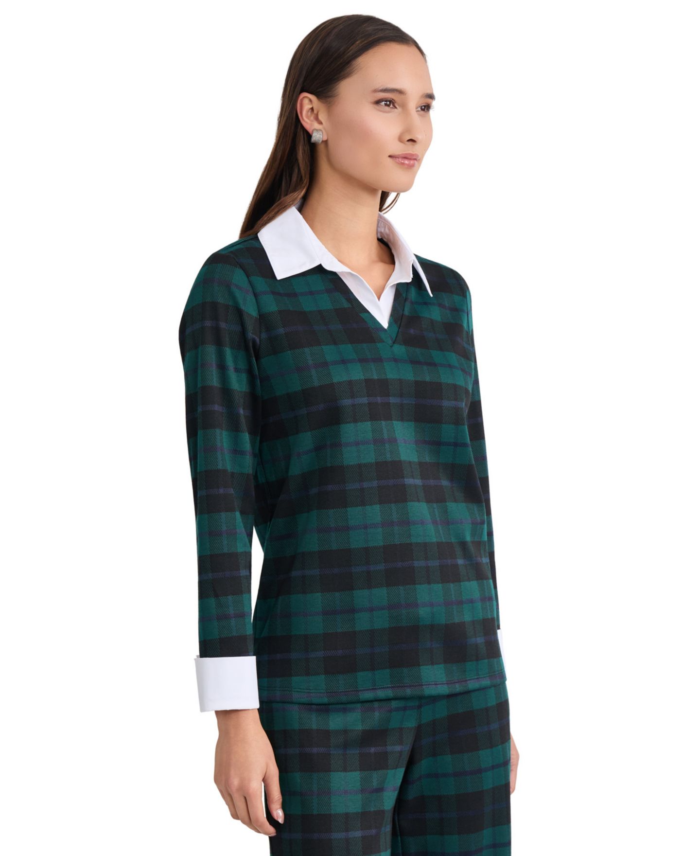 Женская блузка Jones New York Long-Sleeve V-Neck Plaid, цвет: Тёмно-зелёный разноцветный — фото 2