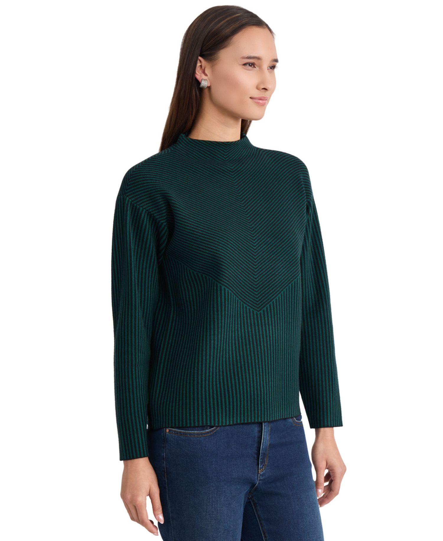 Women's Striped Funnel Mock Neck Long-Sleeve Sweater