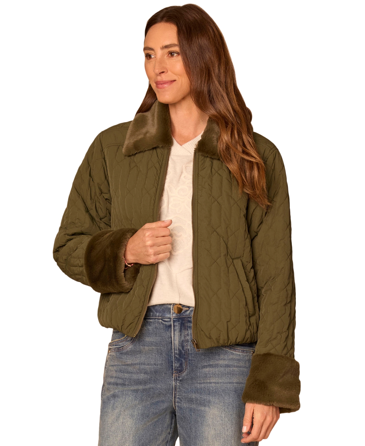 Petite Democracy Front Zipper Faux Fur Quilted Jacket