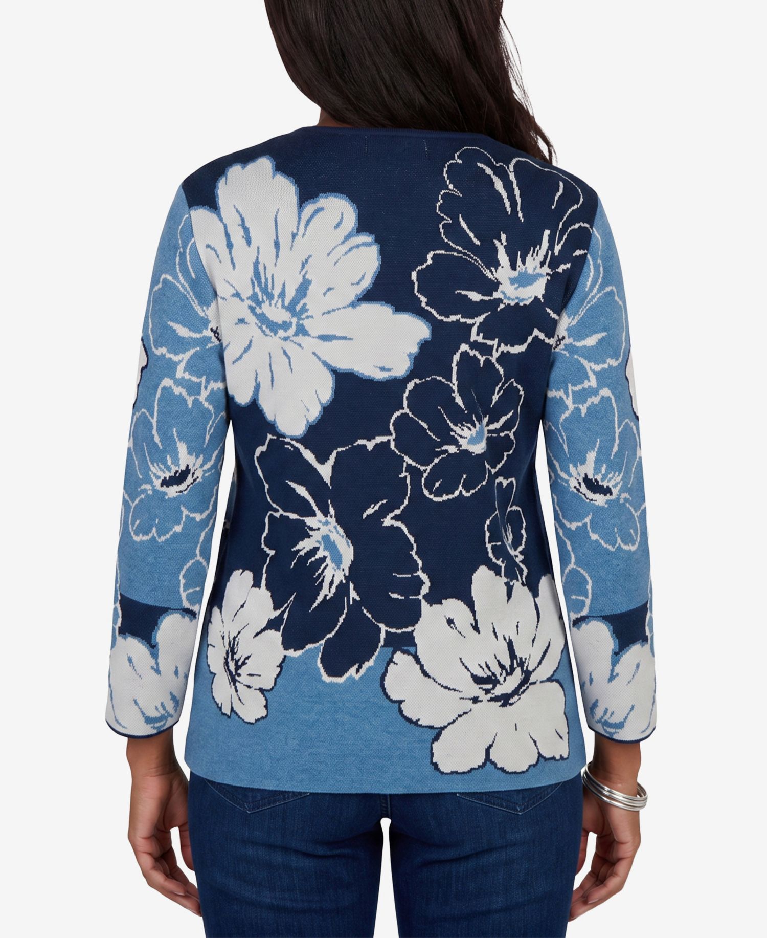 Petite Floral-Print 3/4-Sleeve Crewneck Sweater