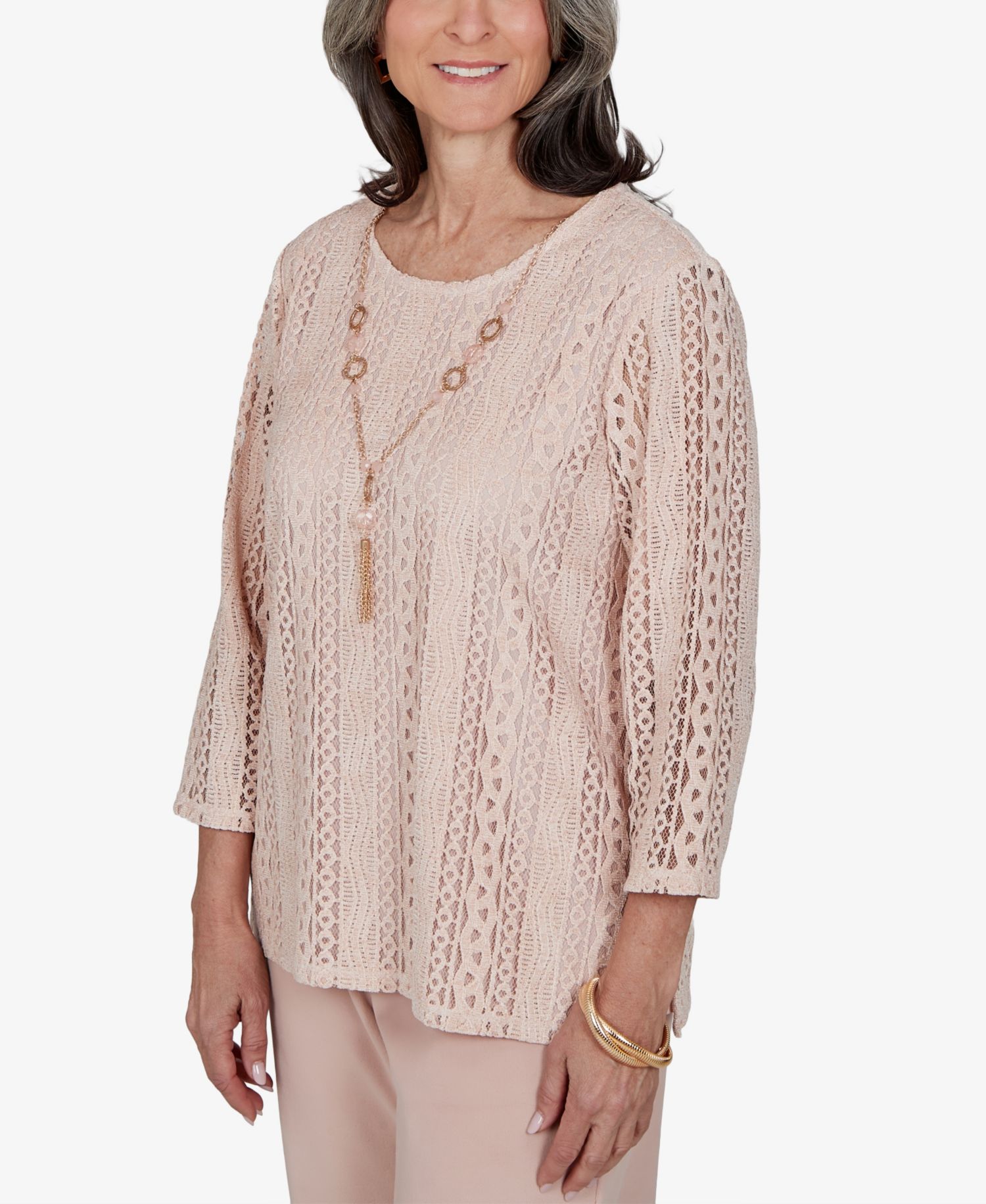 Petite 3/4-Sleeve Lace Knit Blouse
