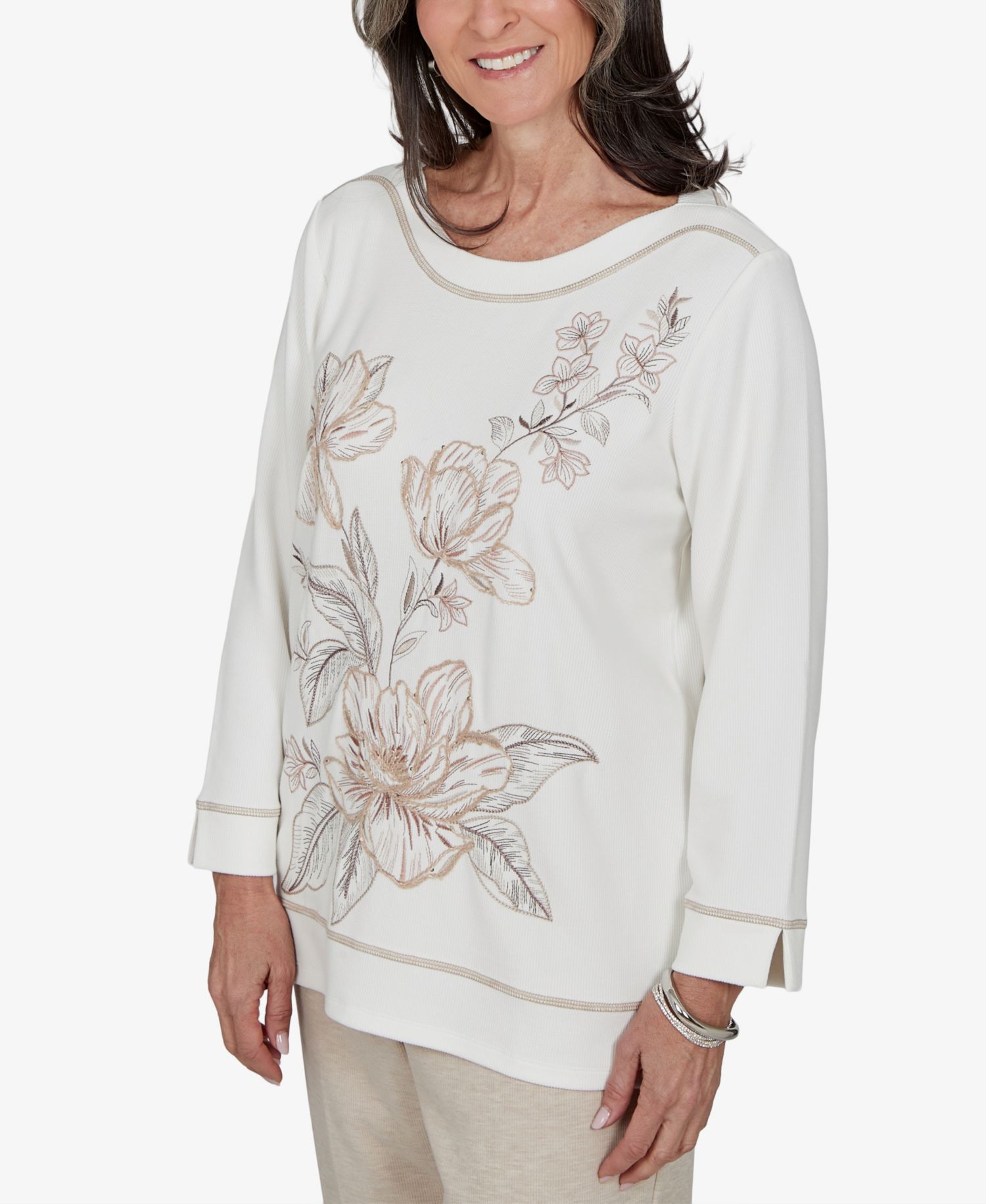 Petite Floral 3/4-Sleeve Side-Slit Blouse