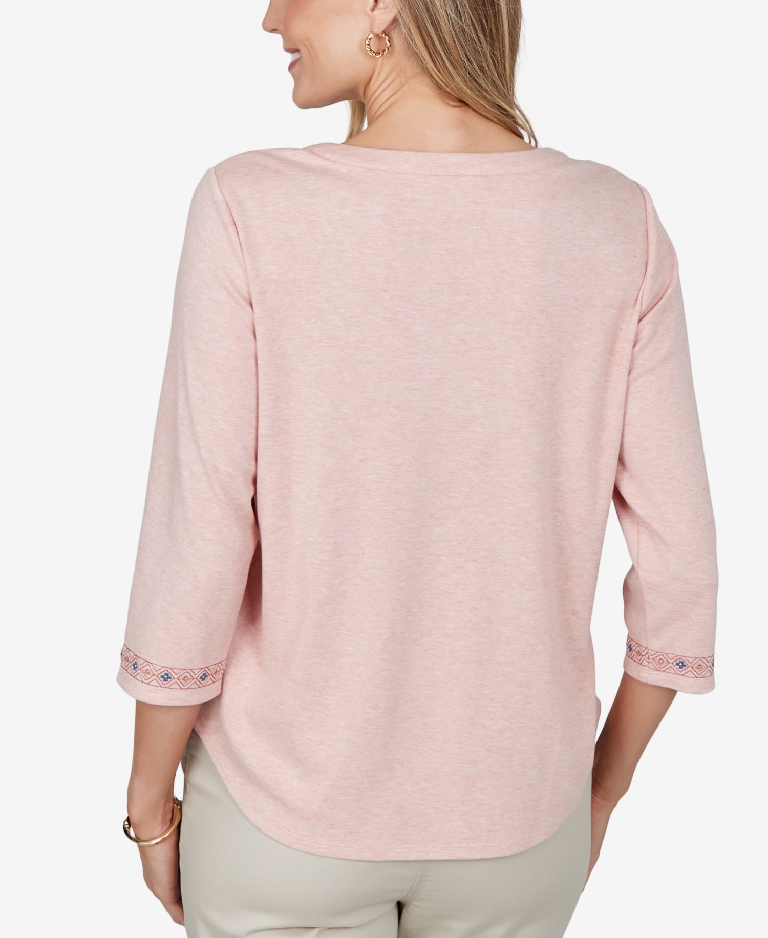 Petite 3/4-Sleeve Floral-Embroidered Henley Blouse