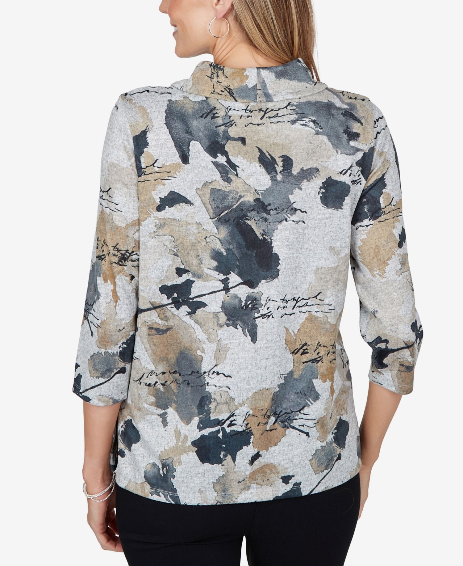 Petite Cowl Neck 3/4-Sleeve Print Blouse