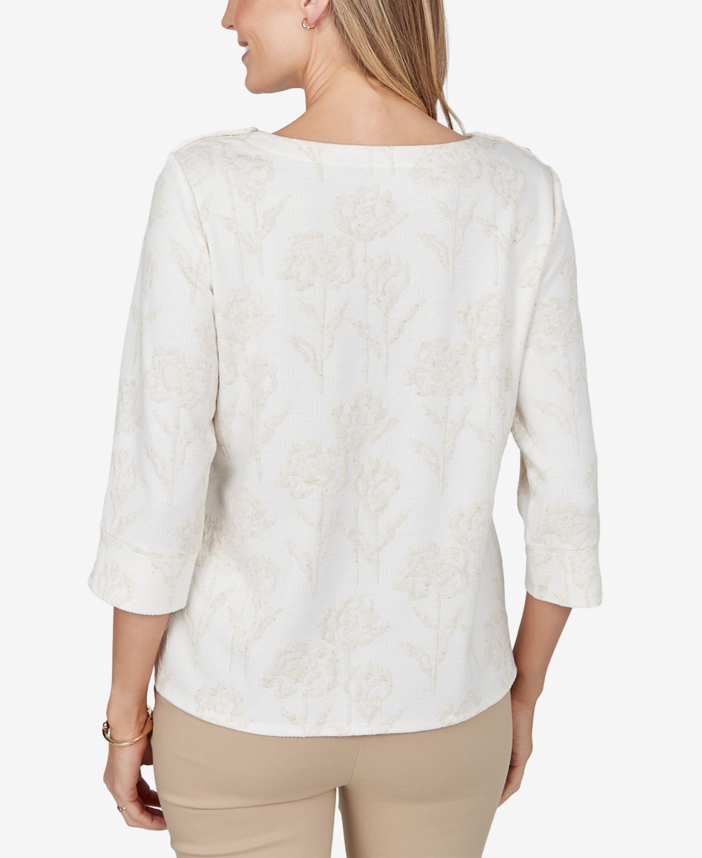 Женская блузка Alfred Dunner Petite Boat-Neck 3/4-Sleeve Floral-Print, цвет: Слоновая кость — фото 5