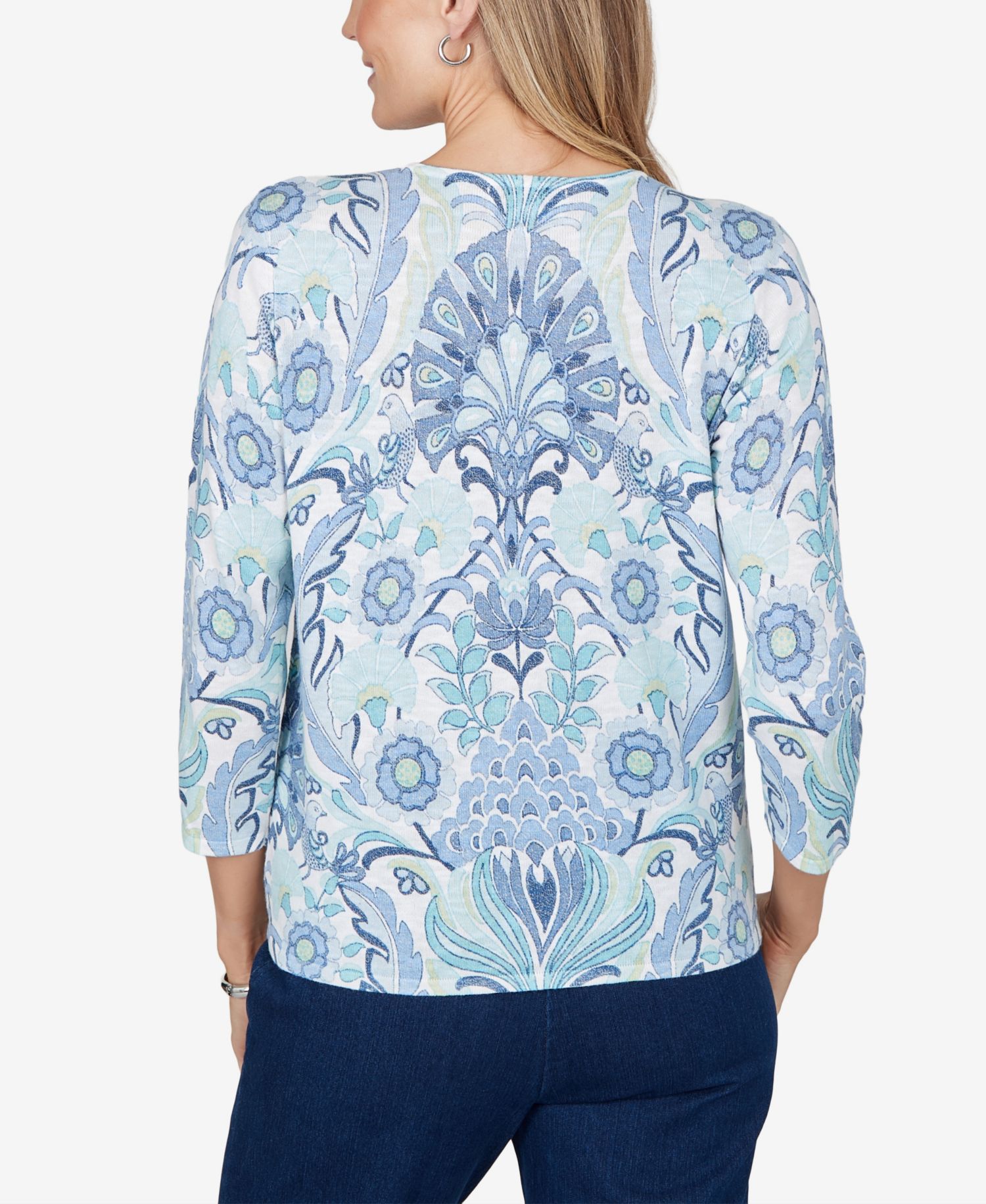Petite 3/4-Sleeve Floral Pullover Sweater