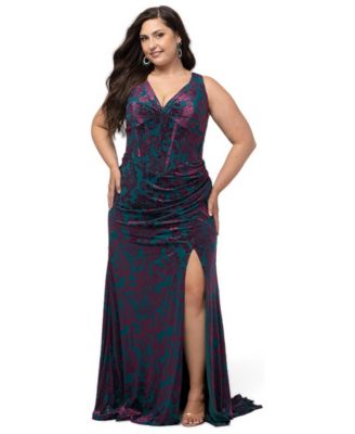 Plus Size Spellbound Velvet-Burnout Floral-Print Corset Bodice Gown