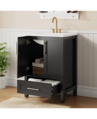 Bathroom Vanity With Sink, Vintage Freestanding Farmhouse Cabinet Featuring Doors And Drawers, Wood Console With Integrated Top For Bathroom