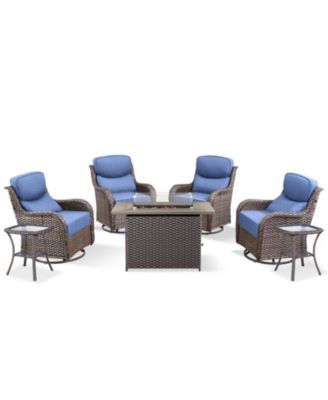 7-Piece Outdoor Wicker Patio Set with Swivel Rocking Chairs, 50,000 BTU Fire Pit Table, and Tempered Glass Side Tables for Garden Balcony