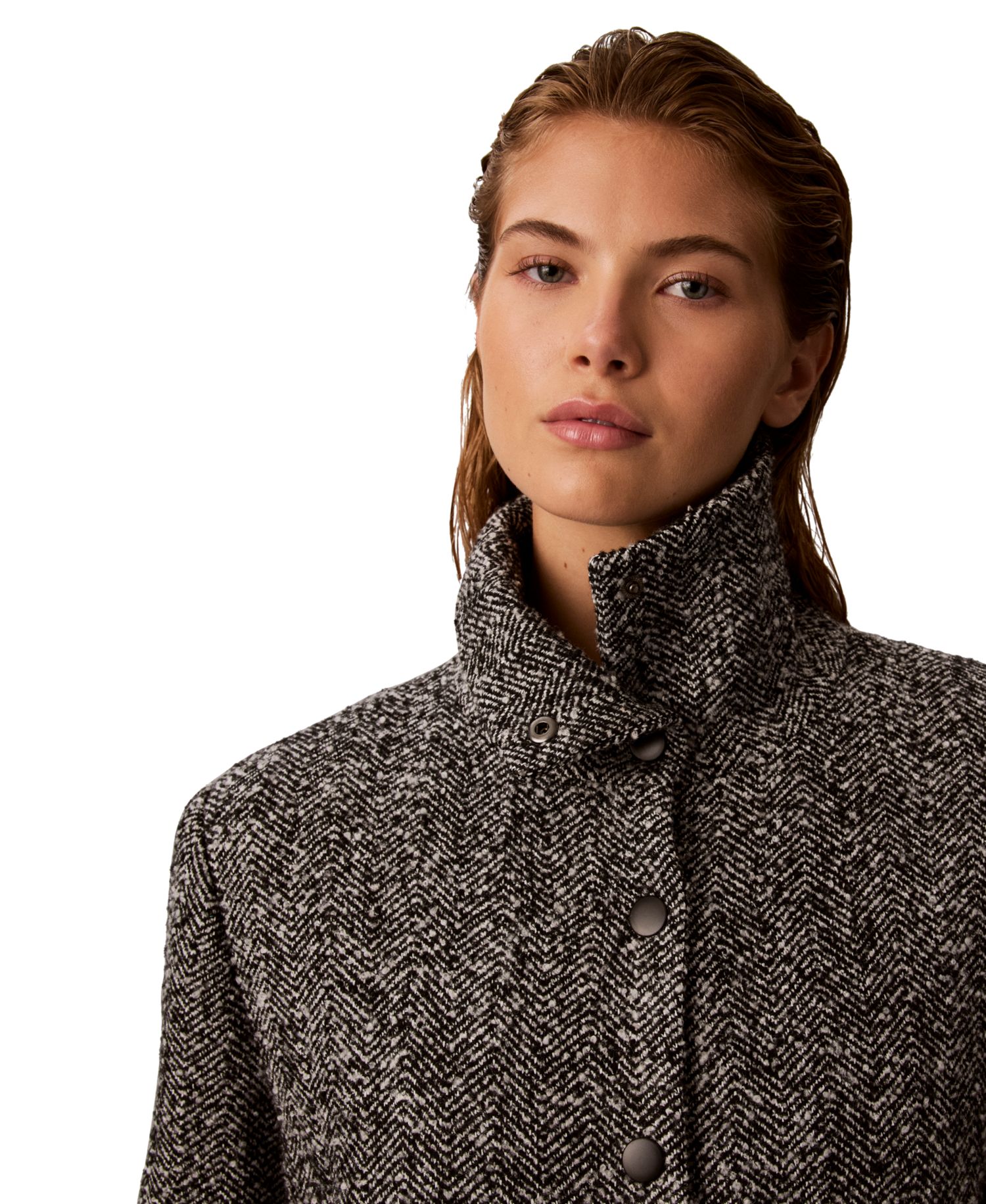 Women's Funnel Neck Herringbone Long Coat