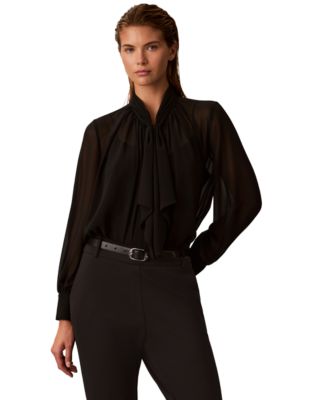 Women's Long-Sleeve Ruffle Neck Chiffon Blouse