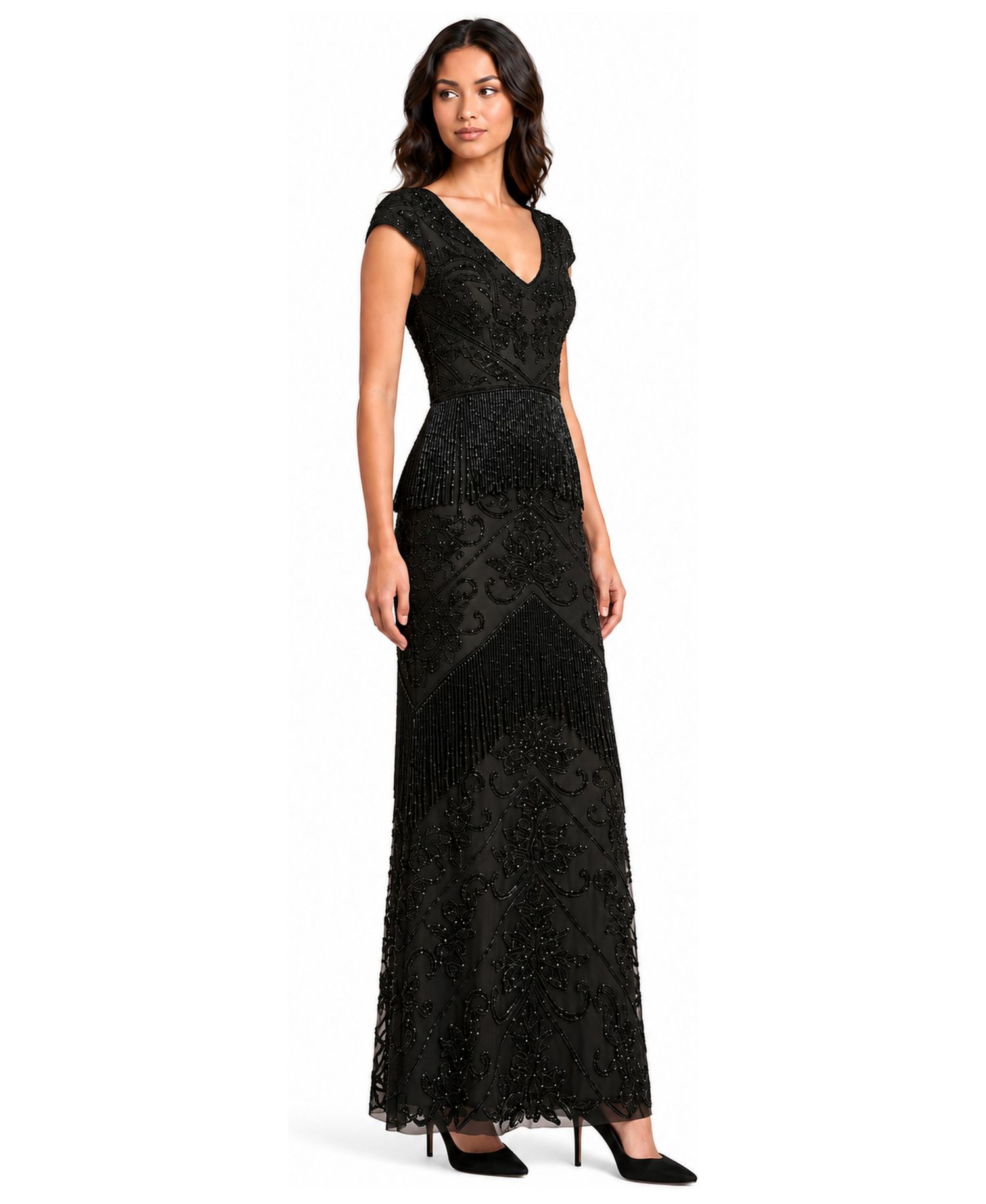 Women's Cap Sleeve Beaded Gown with Fringe