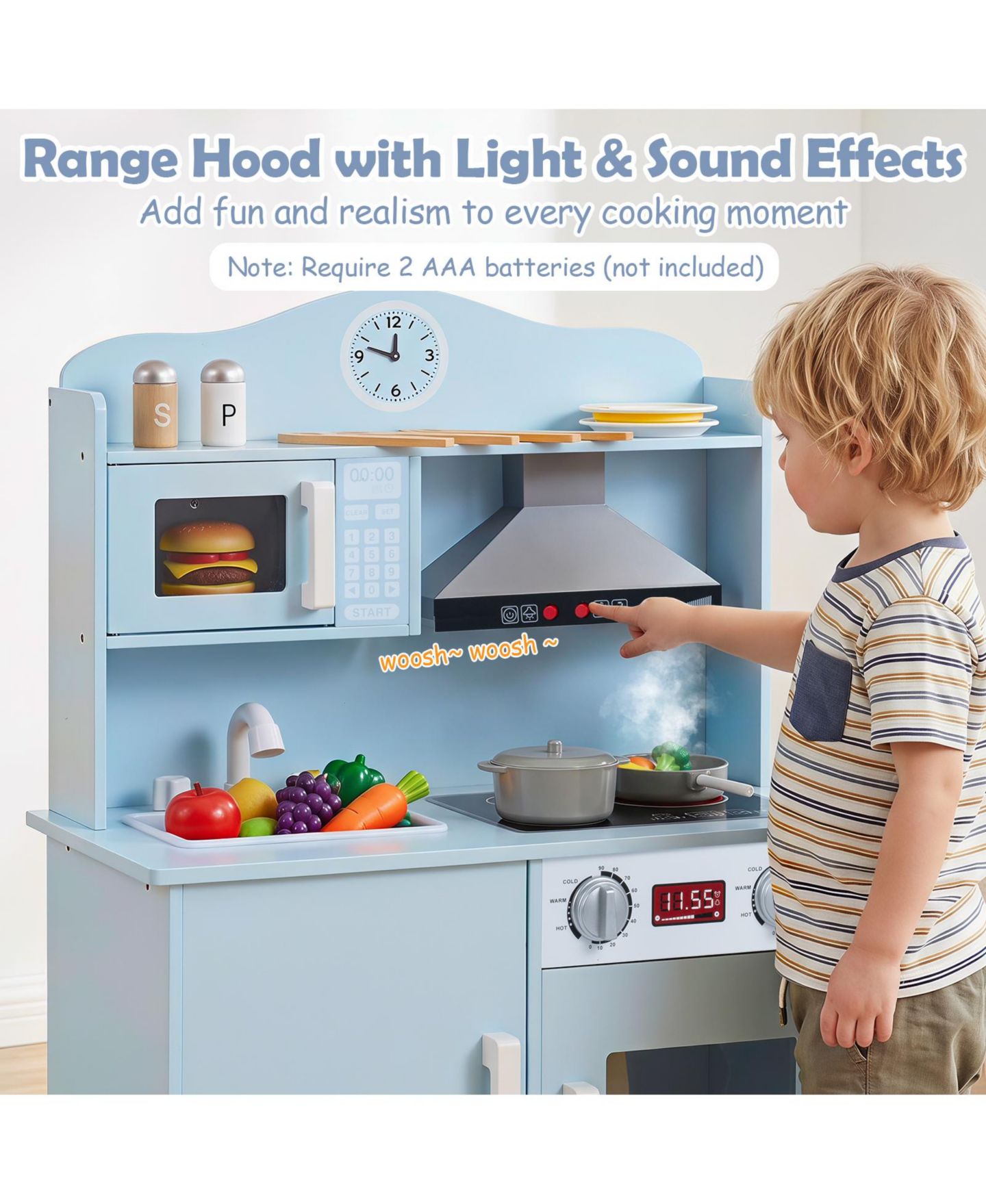 Детские игрушки Costway Light-Up Range Hood Wooden Play Kitchen, 9-Piece, Ages 3+, цвет: Синий — фото 5