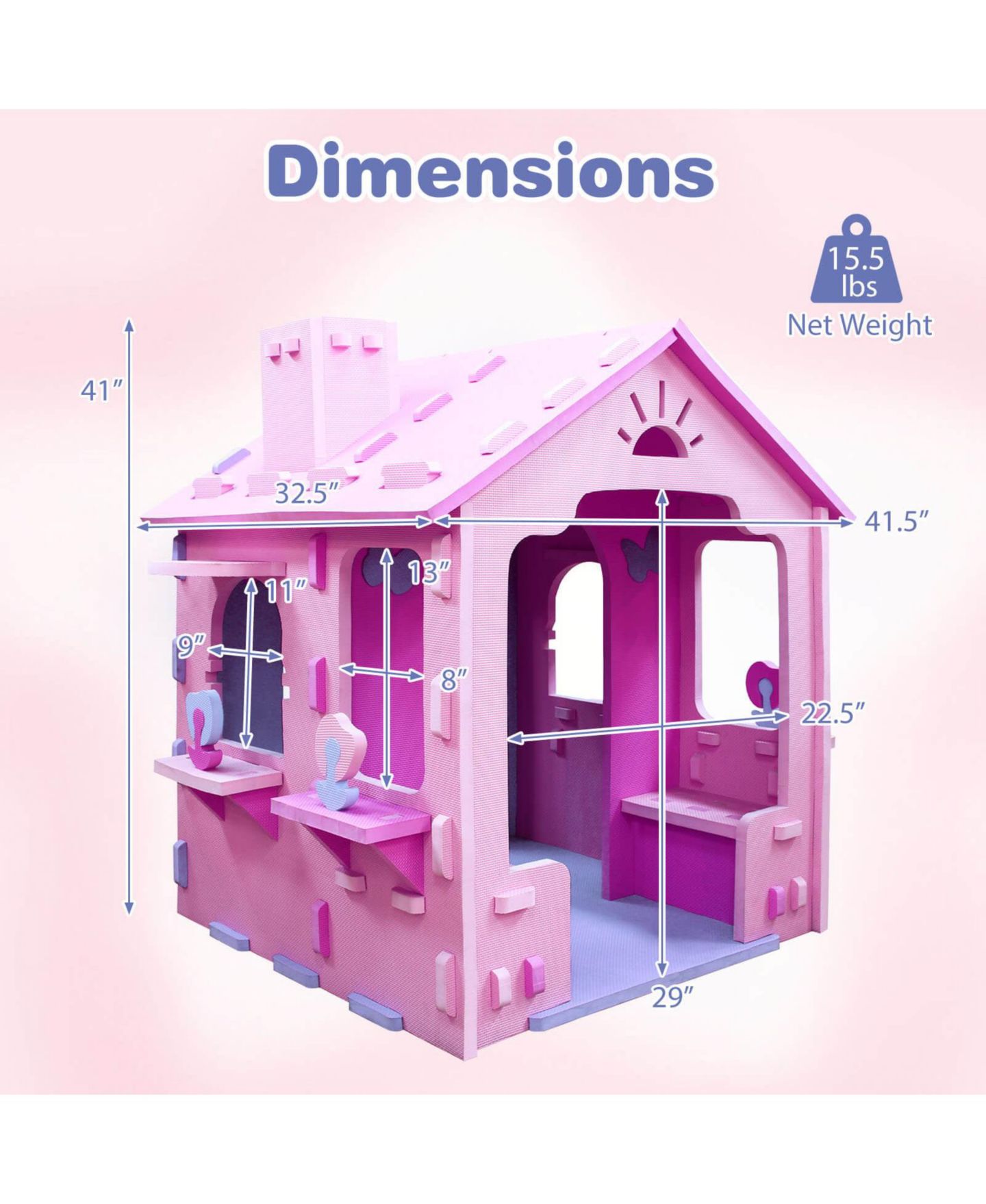 Детская игрушка Costway EVA Foam Cottage-Style Playhouse with Peek-A-Boo Windows, от 3 лет, цвет: Розовый — фото 3