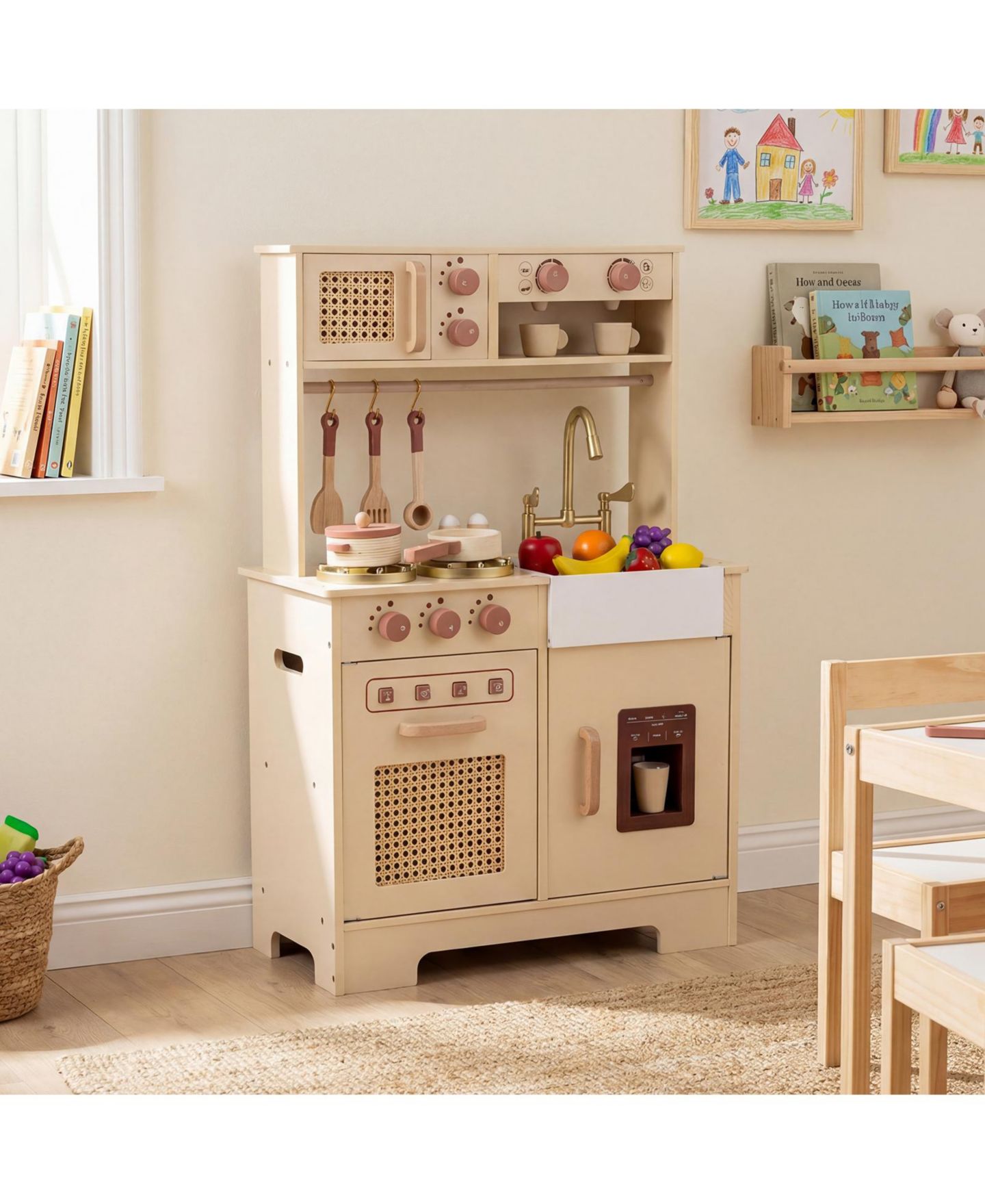 Детская игрушка Costway Wooden Kids' Play Kitchen with Lights and Sounds, Ages 3+, цвет: Жёлтый — фото 2