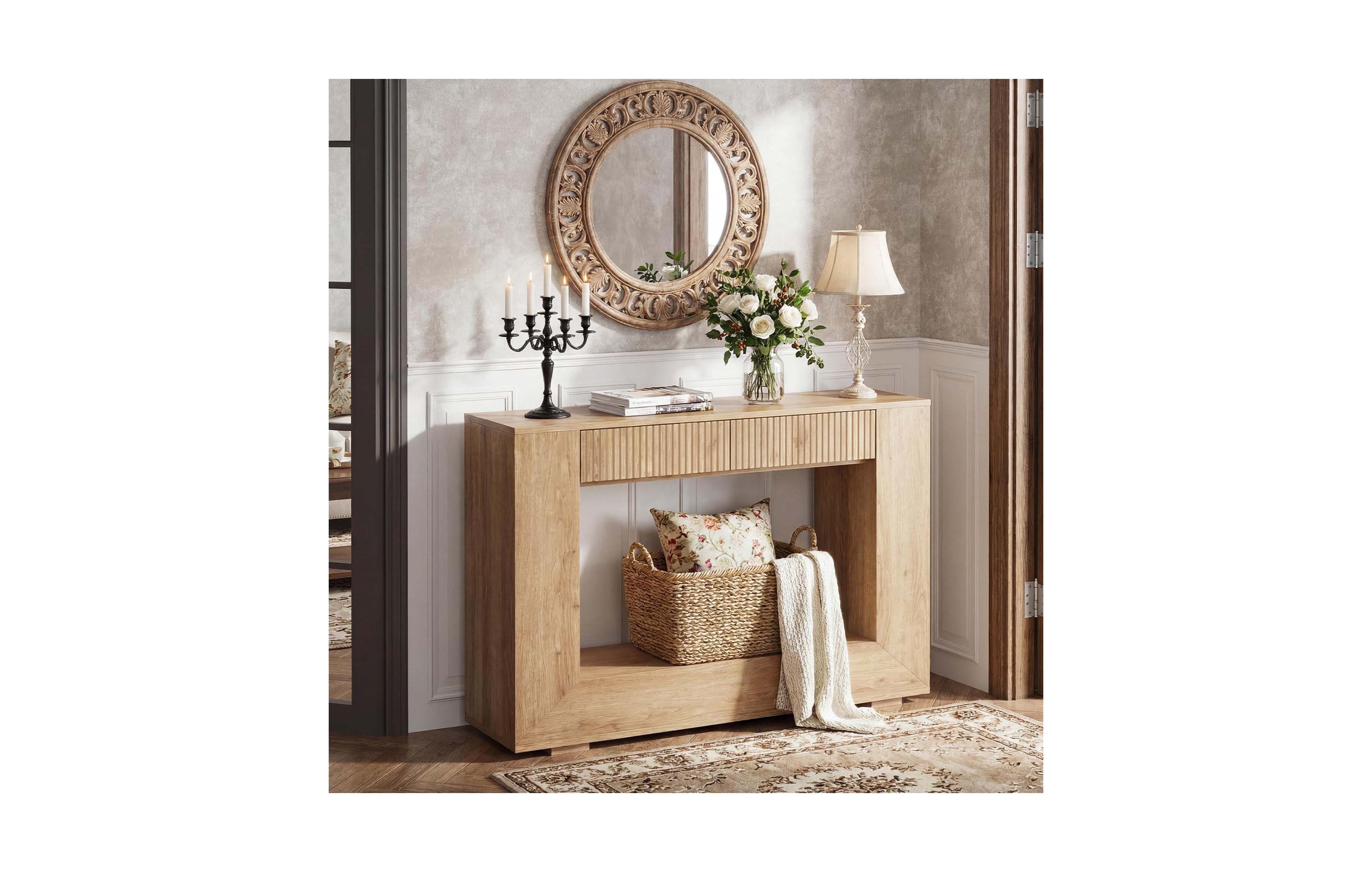 Farmhouse Console Table 47 Inch with Storage Shelves Wood Grain Engineered for Living Room Hallway Entryway Foyer