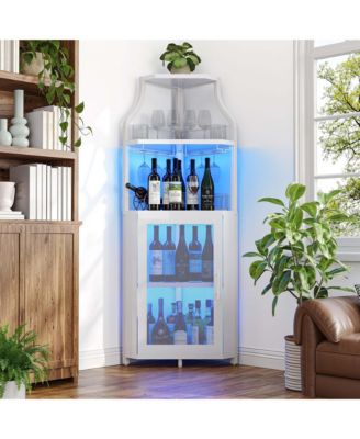 Corner Wine Cabinet with LED Lights Glass Holder Mesh Door 5 Tier MDF Iron Legs for Kitchen Dining Room Living Room