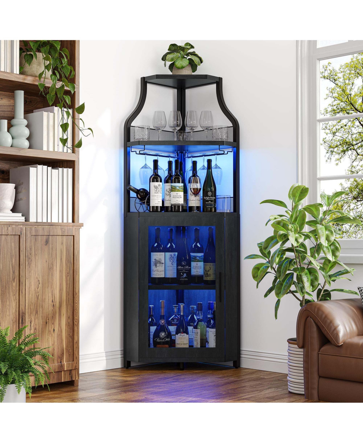 homfan Corner Wine Cabinet with Led Lights Glass Holder Mesh Door 5 Tier Mdf Iron Legs for Kitchen Dining Room Living