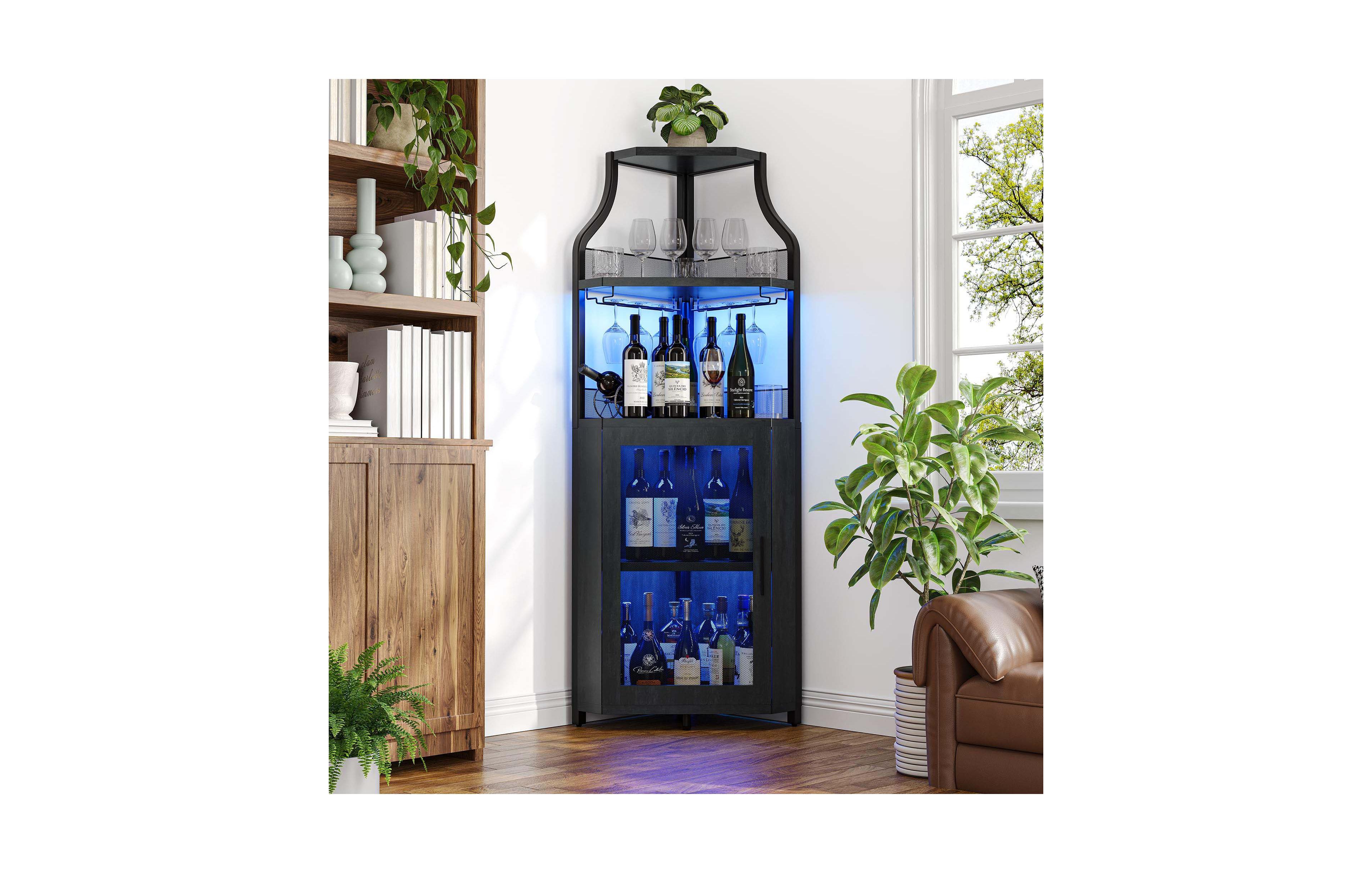 homfan Corner Wine Cabinet with Led Lights Glass Holder Mesh Door 5 Tier Mdf Iron Legs for Kitchen Dining Room Living