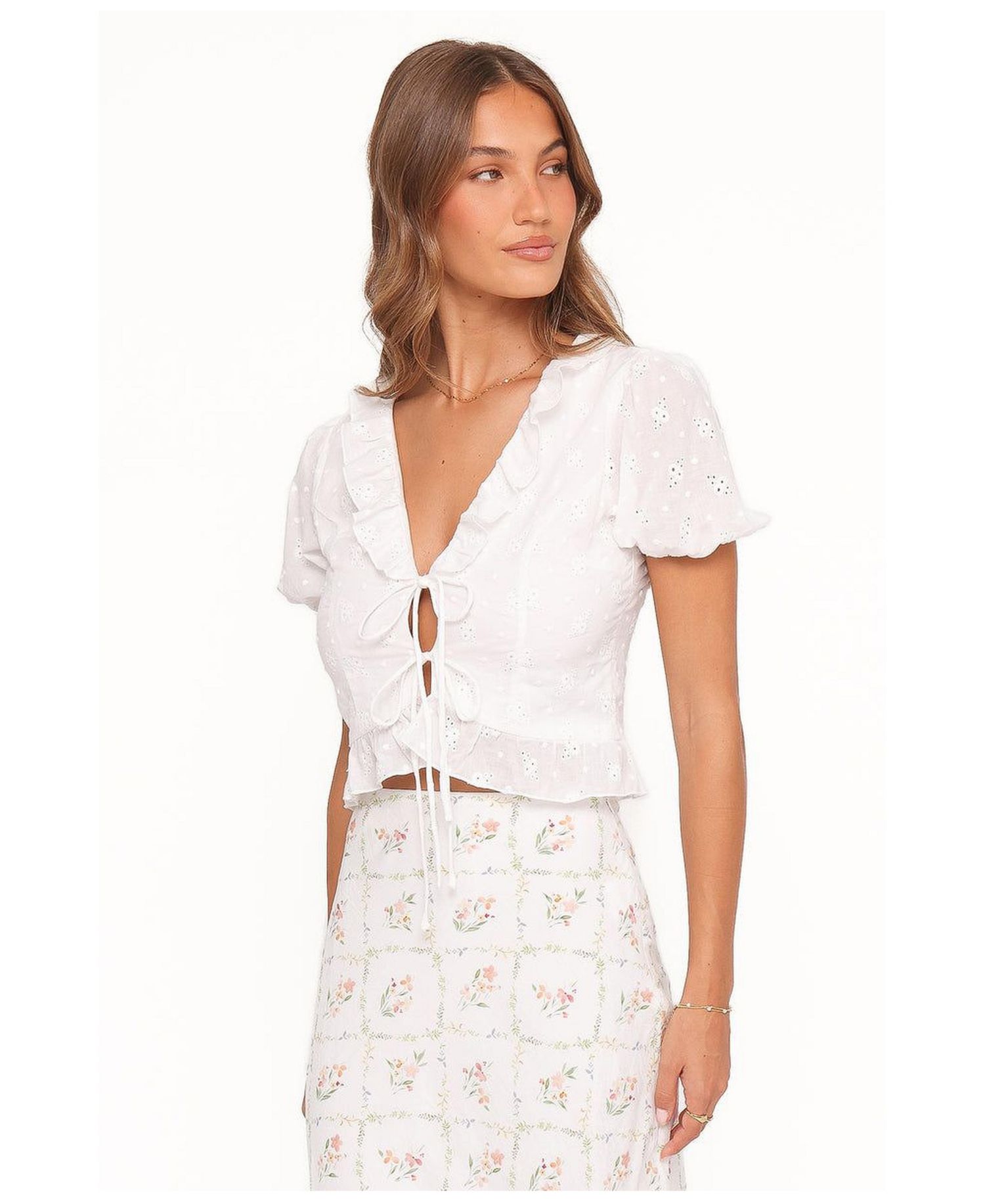 Women's Andra V-Neck Front-Tie Eyelet Top