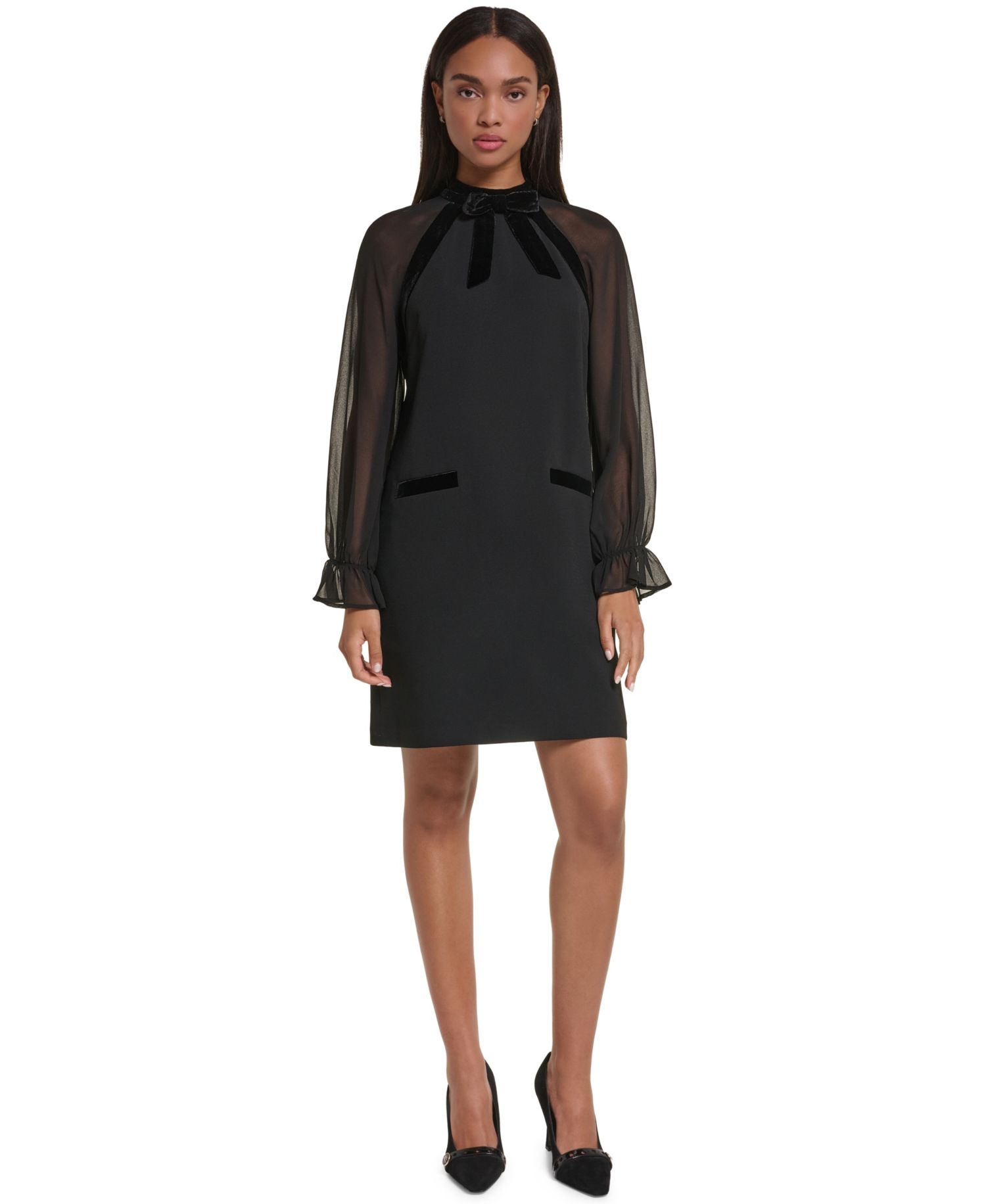 Women's Long-Sleeve Mock-Neck Velvet-Bow Dress