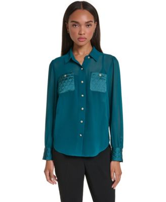 Women's Long-Sleeve Chiffon Blouse with Quilted Pockets